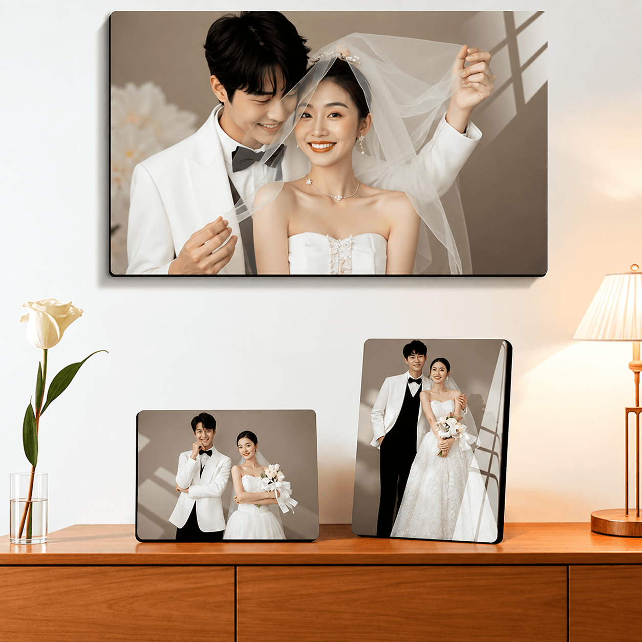 Wedding photo panels in a home setting