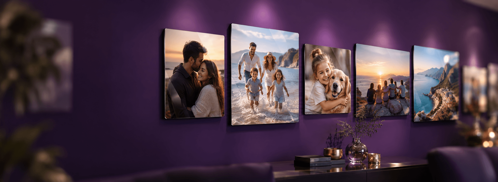 Premium photo panels across a purple gallery wall, with crisp central prints and softly blurred edges