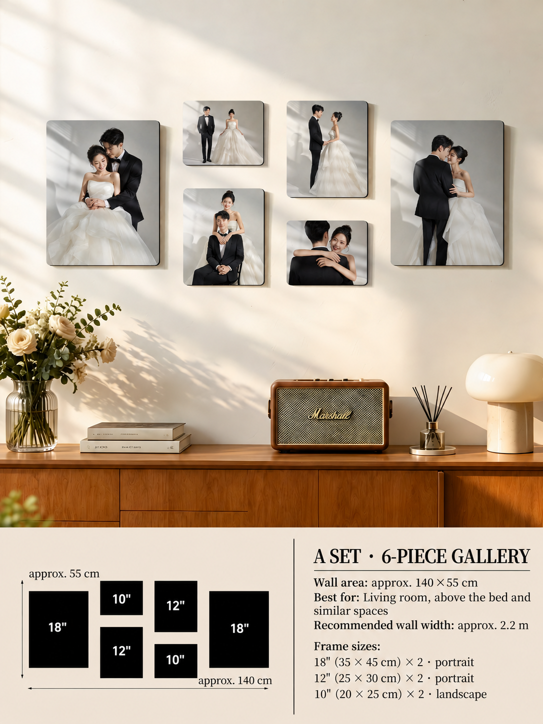 A six-piece wall gallery set for a bedroom or living room